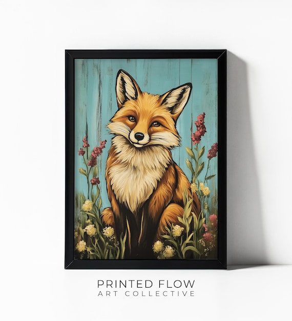 Handsome Red Fox Sitting Among Red and Yellow Wildflowers Rustic Animal Poster