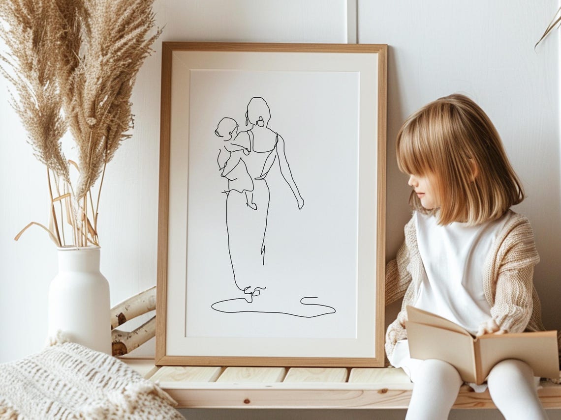 Mother Carrying Toddler Walking Away Minimalist Line Art Poster