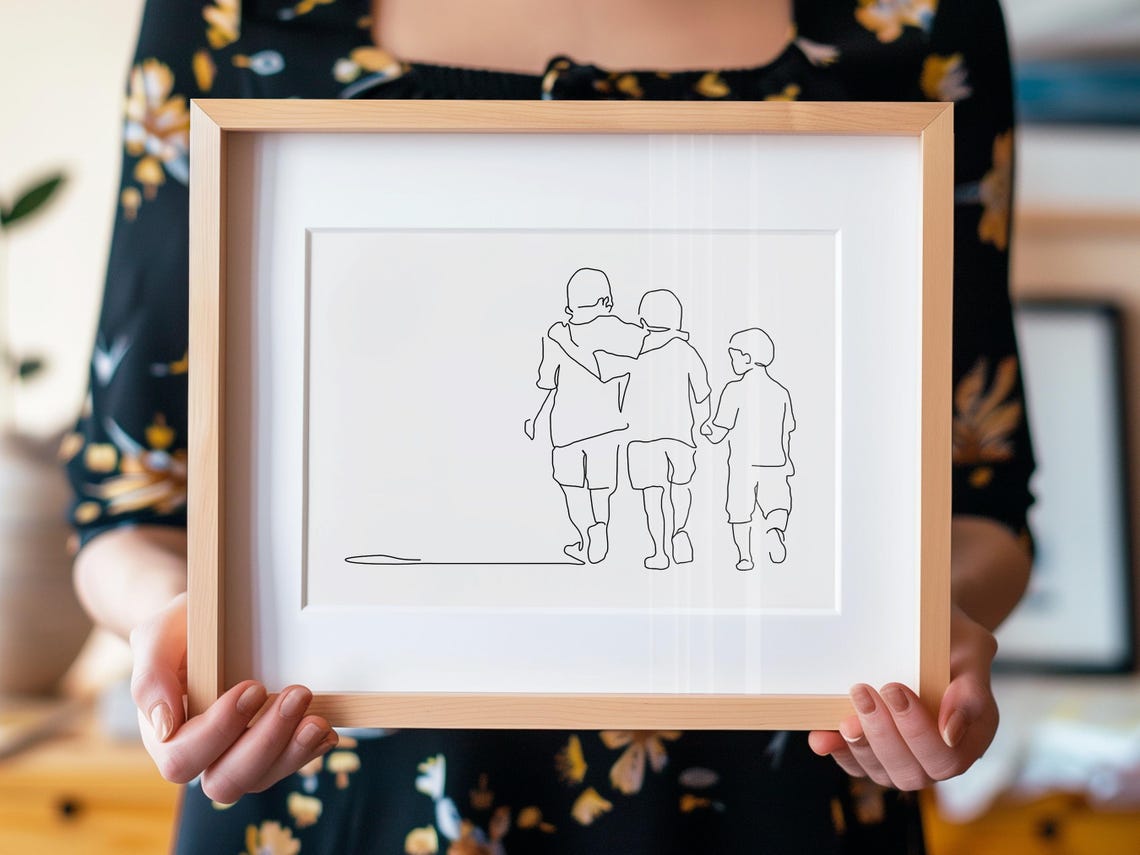 Three Brothers Walking Together Side by Side Line Art Poster