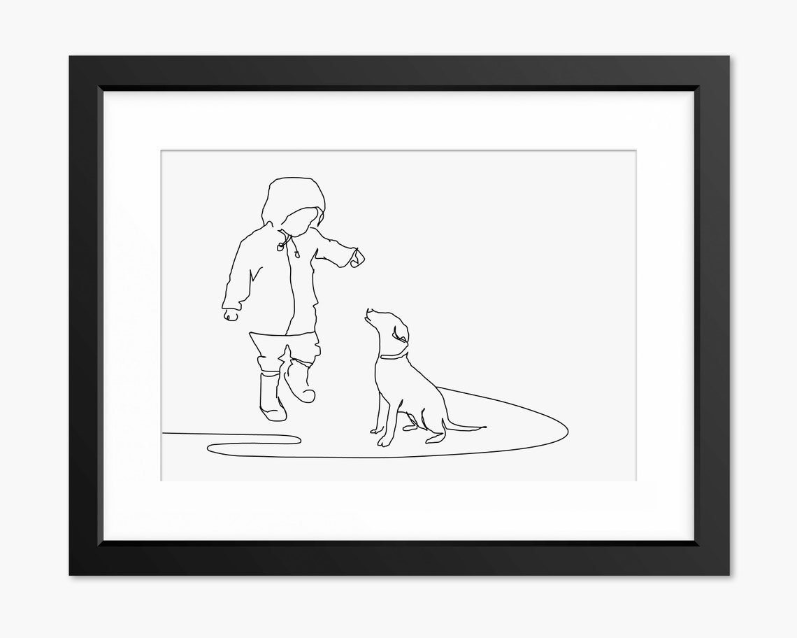 Child In Raincoat Reaching To Dog Single Line Drawing Poster