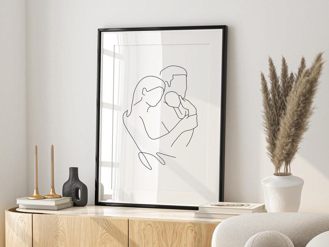 Loving Parents Holding Newborn Baby Minimalist Line Art Poster - Image 2