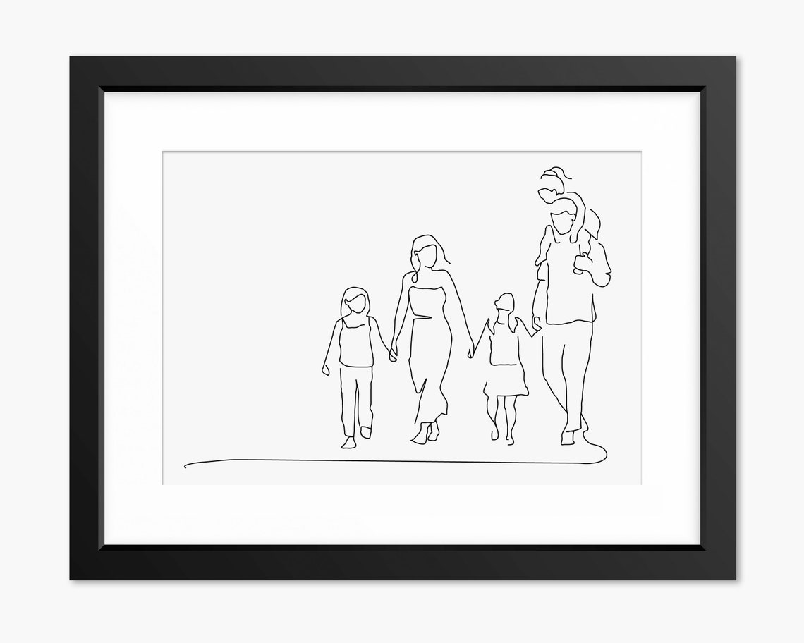 Family Of Five Walking Hand In Hand Minimalist Line Art Poster