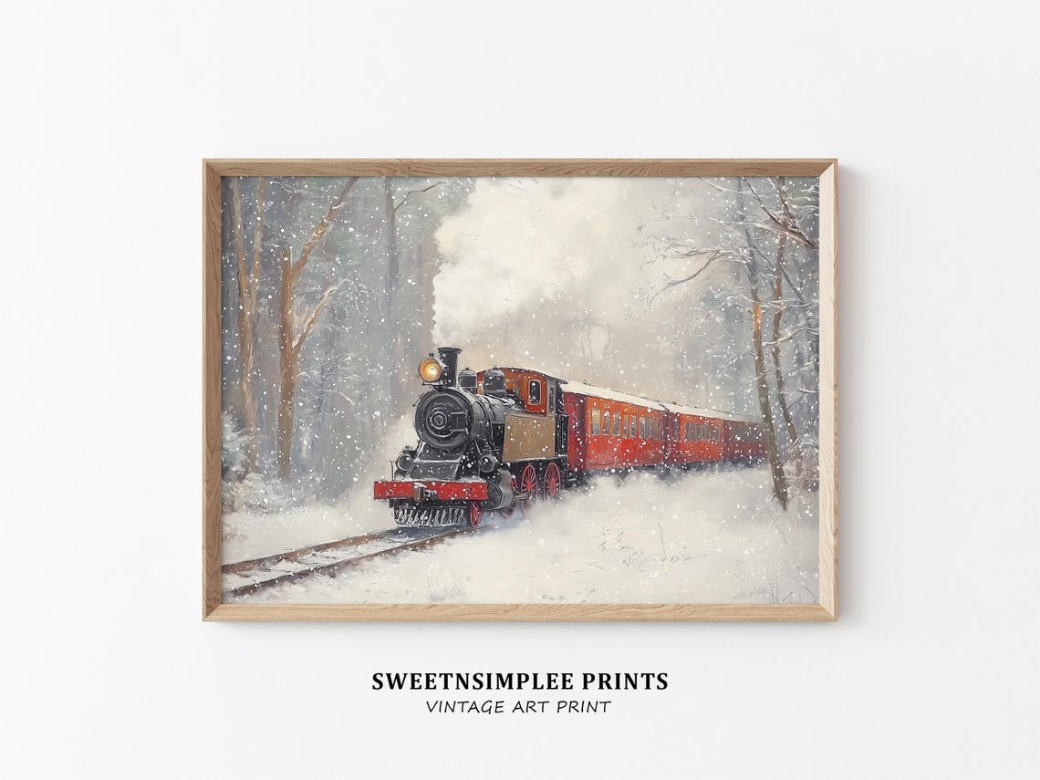 Vintage Red Steam Train in Snowy Forest Winter Landscape Poster