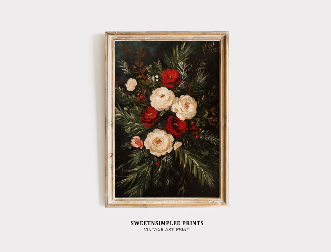 Vintage Red and White Rose Bouquet Floral Oil Painting Poster - Image 2