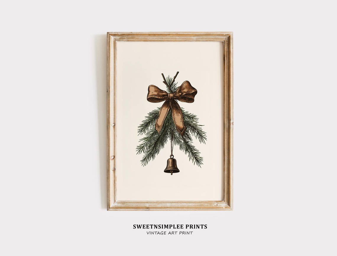 Christmas Pine Sprig With Brown Bow And Brass Bell Minimal Poster