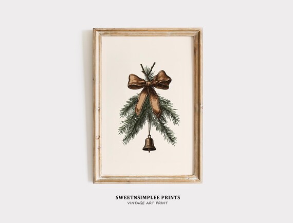 Christmas Pine Sprig With Brown Bow And Brass Bell Minimal Poster