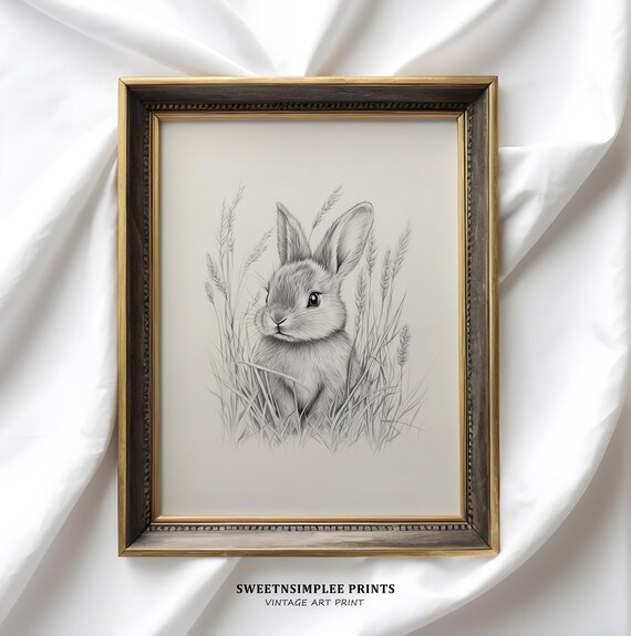 Vintage Easter Bunny Sketch Gray Pencil Rabbit Meadow Grass Wall Art