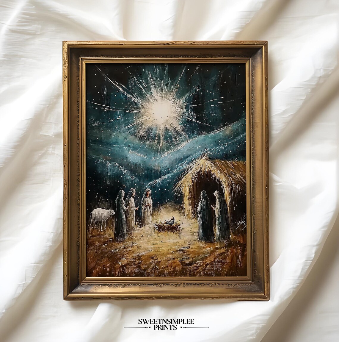 Starry Night Nativity Scene Oil Painting Christian Christmas Poster