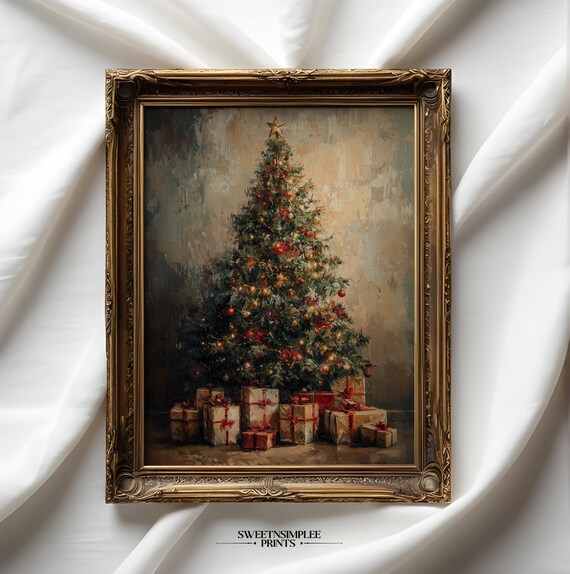Vintage Christmas Tree With Red Gold Ornaments And Gifts Poster