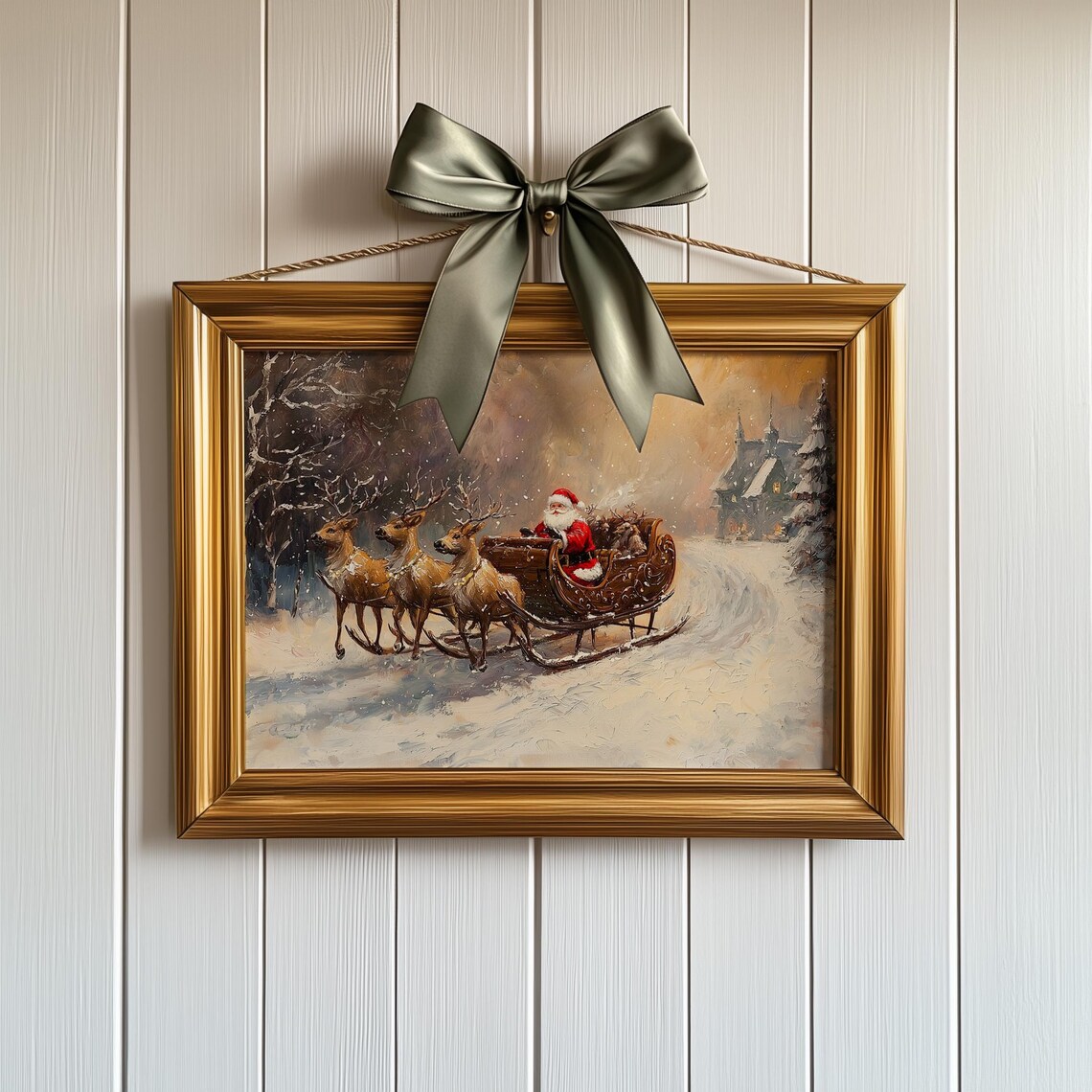 Vintage Santa Claus Driving Reindeer Sleigh in Snow Holiday Poster - Image 2