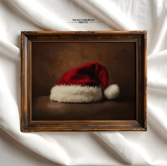 Vintage Santa Hat Oil Painting Red Fur Trimmed Rustic Poster