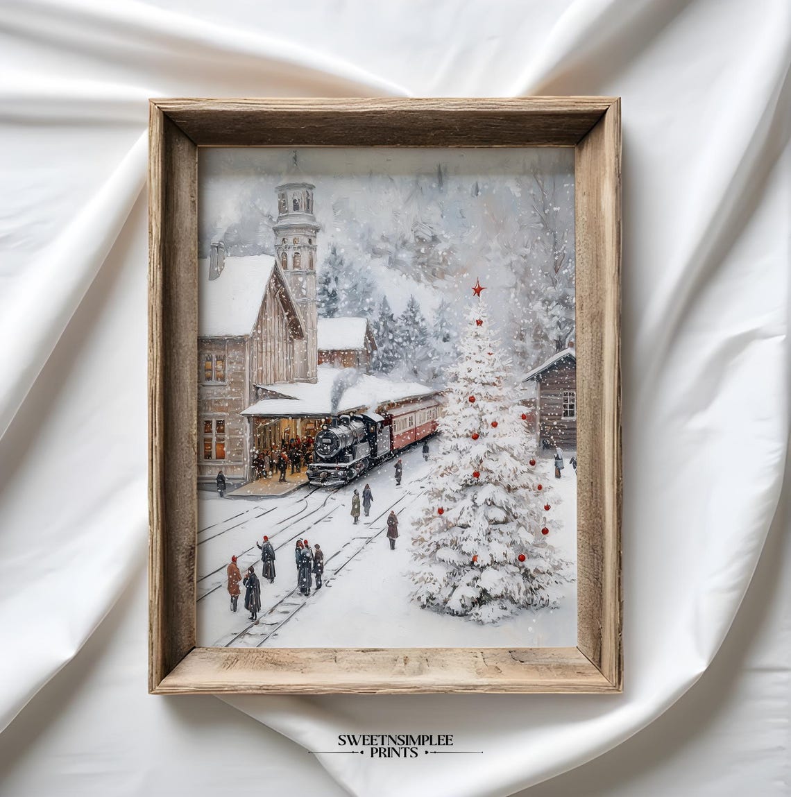 Snowy Train Station Poster Steam Engine Clock Tower Christmas Scene - Image 2