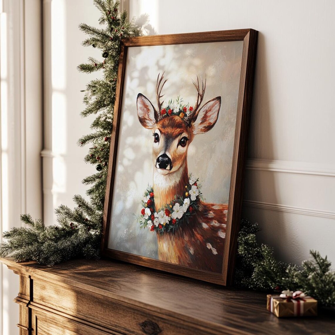 Deer with Floral Crown Poster Vintage Winter Woodland Animal Painting - Image 3