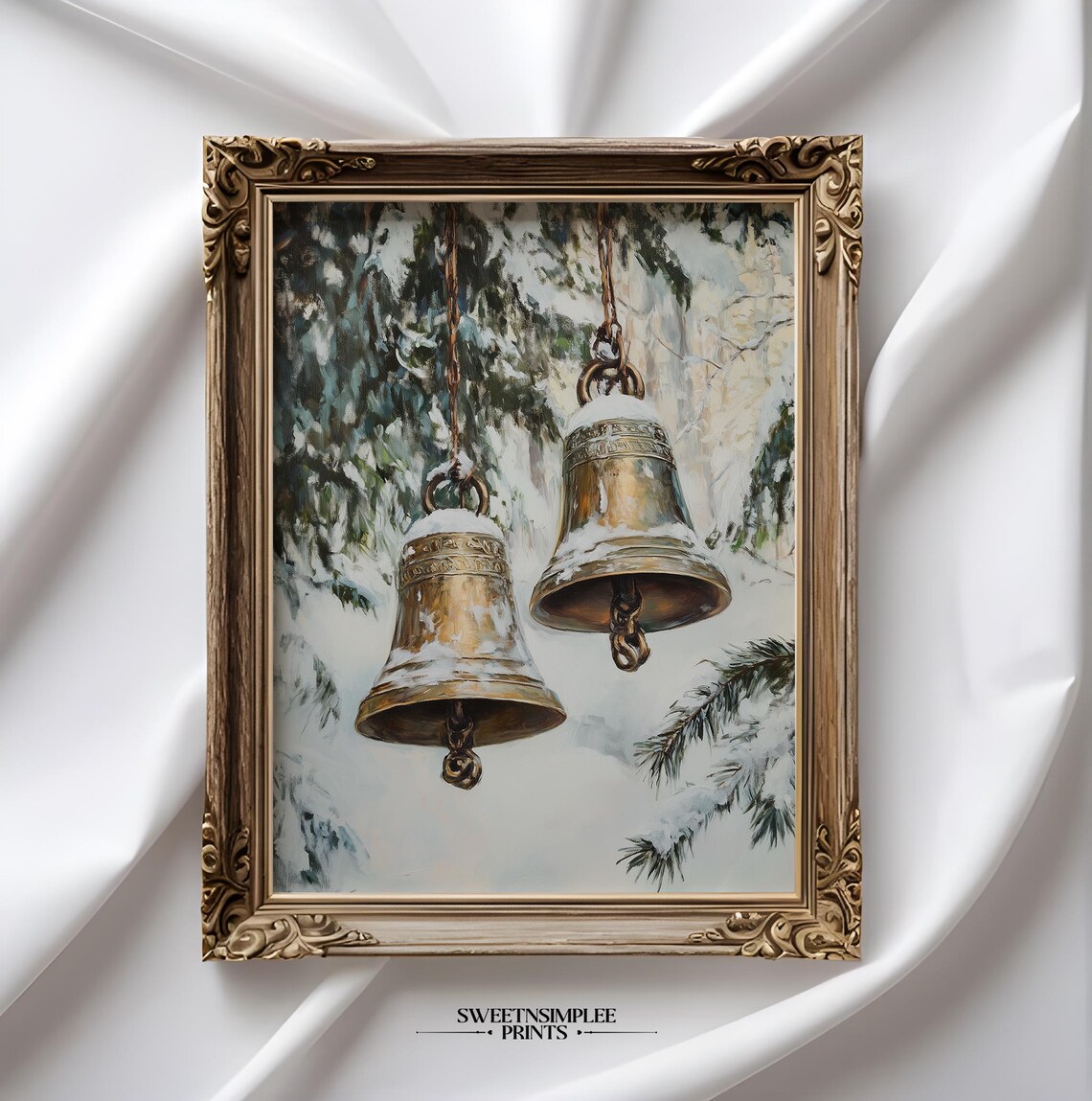 Pair of Brass Bells on Chains in Bright Snowy Winter Scene Poster - Image 2