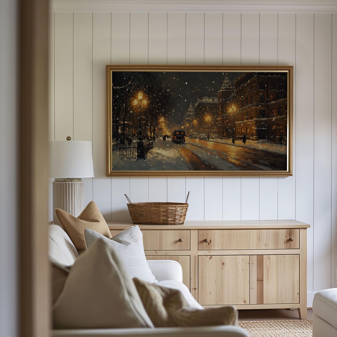Snowy Night City Street Glowing Lamps Vintage Winter Scene TV Wall Art - Image 3