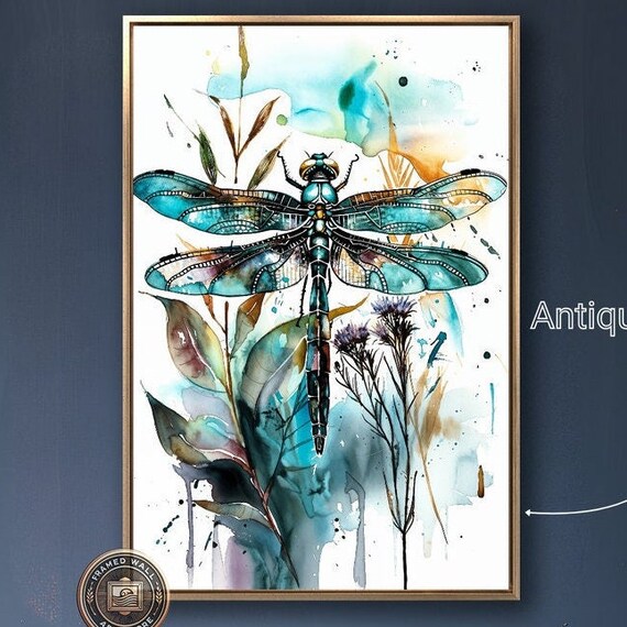 Abstract Dragonfly Framed Wall Art Vibrant Insect Watercolor Painting Print Nature Inspired Wall Decor Botanical Poster Ready To Hang