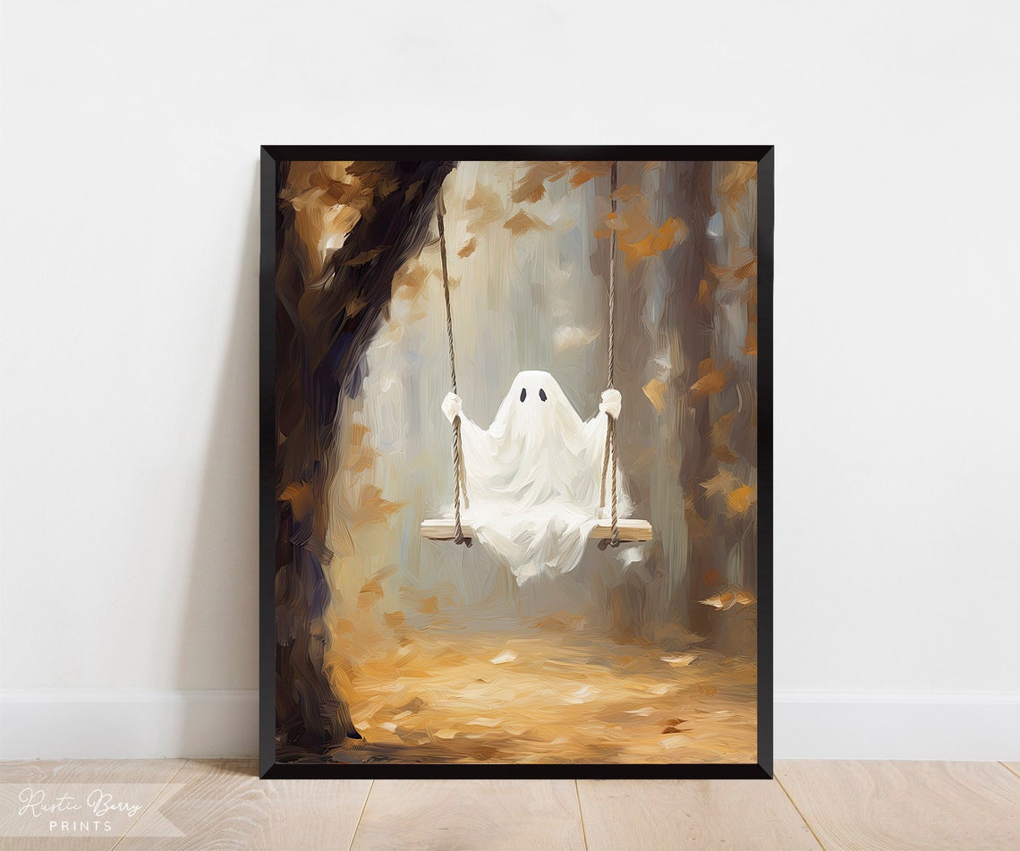 Ghost Art Print Painting Cute Ghost Spooky Halloween Fall Leaves Autumn Ghost On Swing Vintage