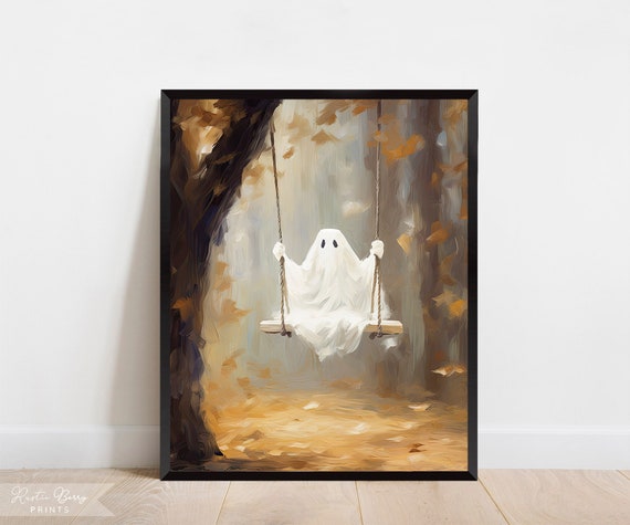 Ghost Art Print Painting Cute Ghost Spooky Halloween Fall Leaves Autumn Ghost On Swing Vintage