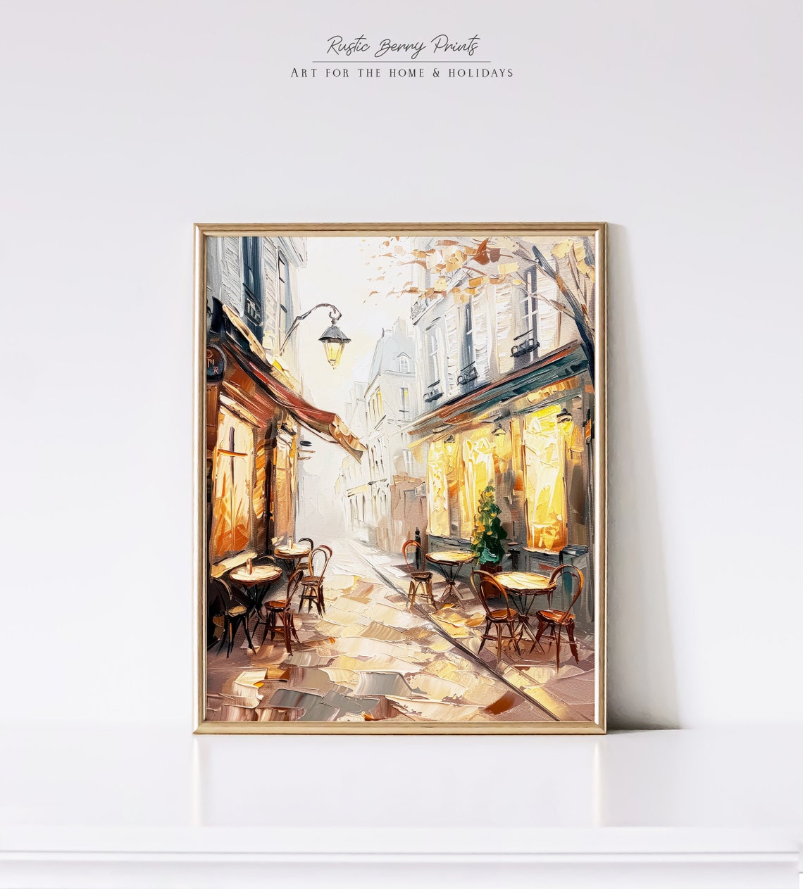 Golden Light Parisian Cafe Street Autumn Evening Oil Painting Wall Art