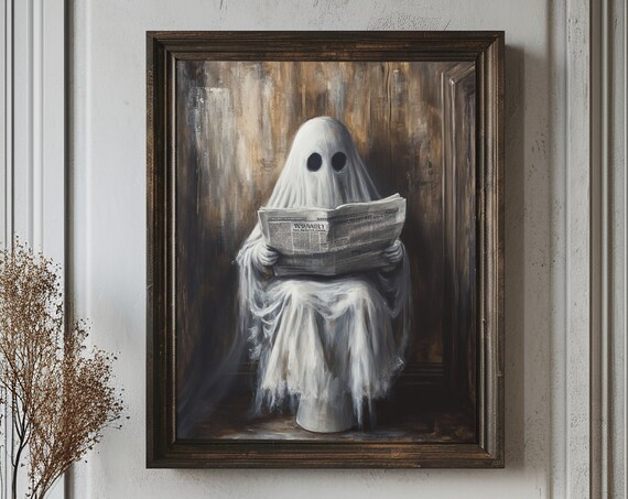 Sheeted Ghost Reading a Newspaper on the Toilet in a Dark Bathroom Poster