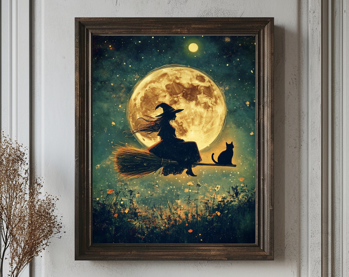 Witch and Black Cat Vintage Halloween Art Print - Image 4