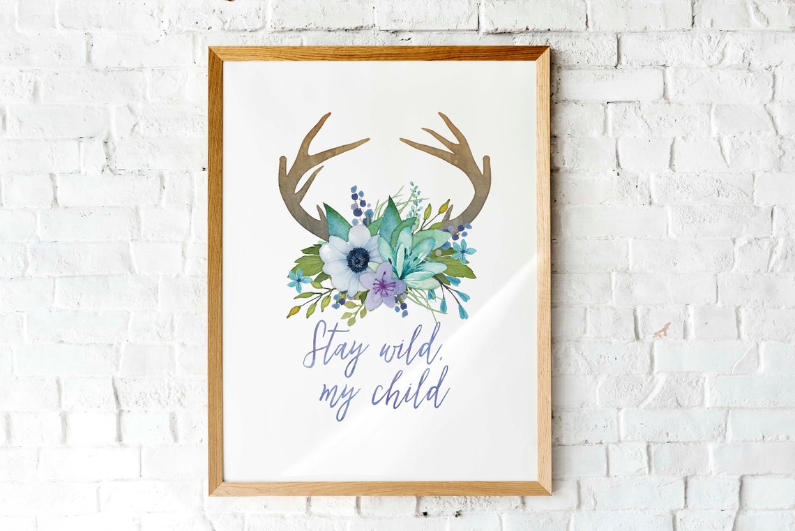 Stay Wild My Child Deer Antlers Blue Floral Nursery Wall Poster - Image 2