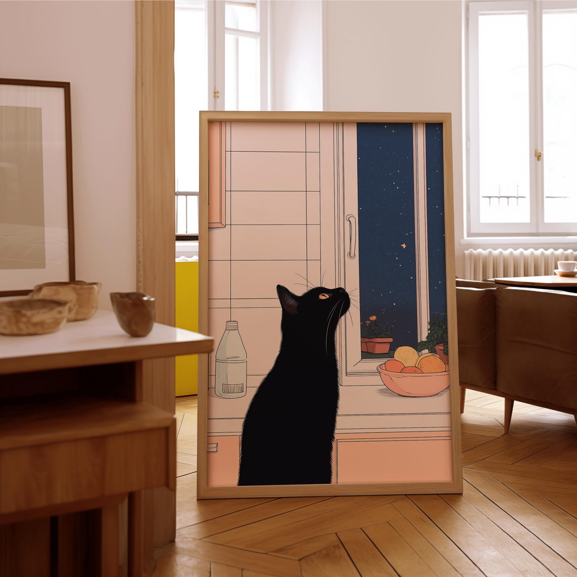Black Cat Night Window Starry Kitchen Cozy Illustration Poster - Image 4
