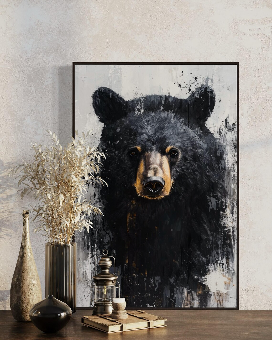 Bold Black Bear Portrait Close Up Gold Splatter Monochrome Art Poster - Image 5