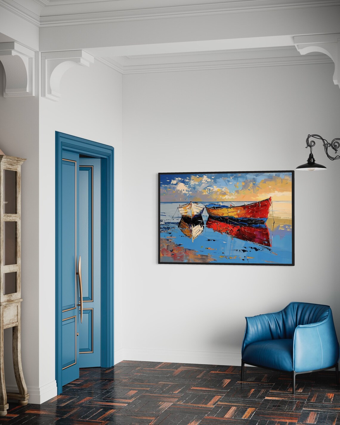 Sunset Fishing Boats Harbor Palette Knife Colorful Coastal Poster - Image 2