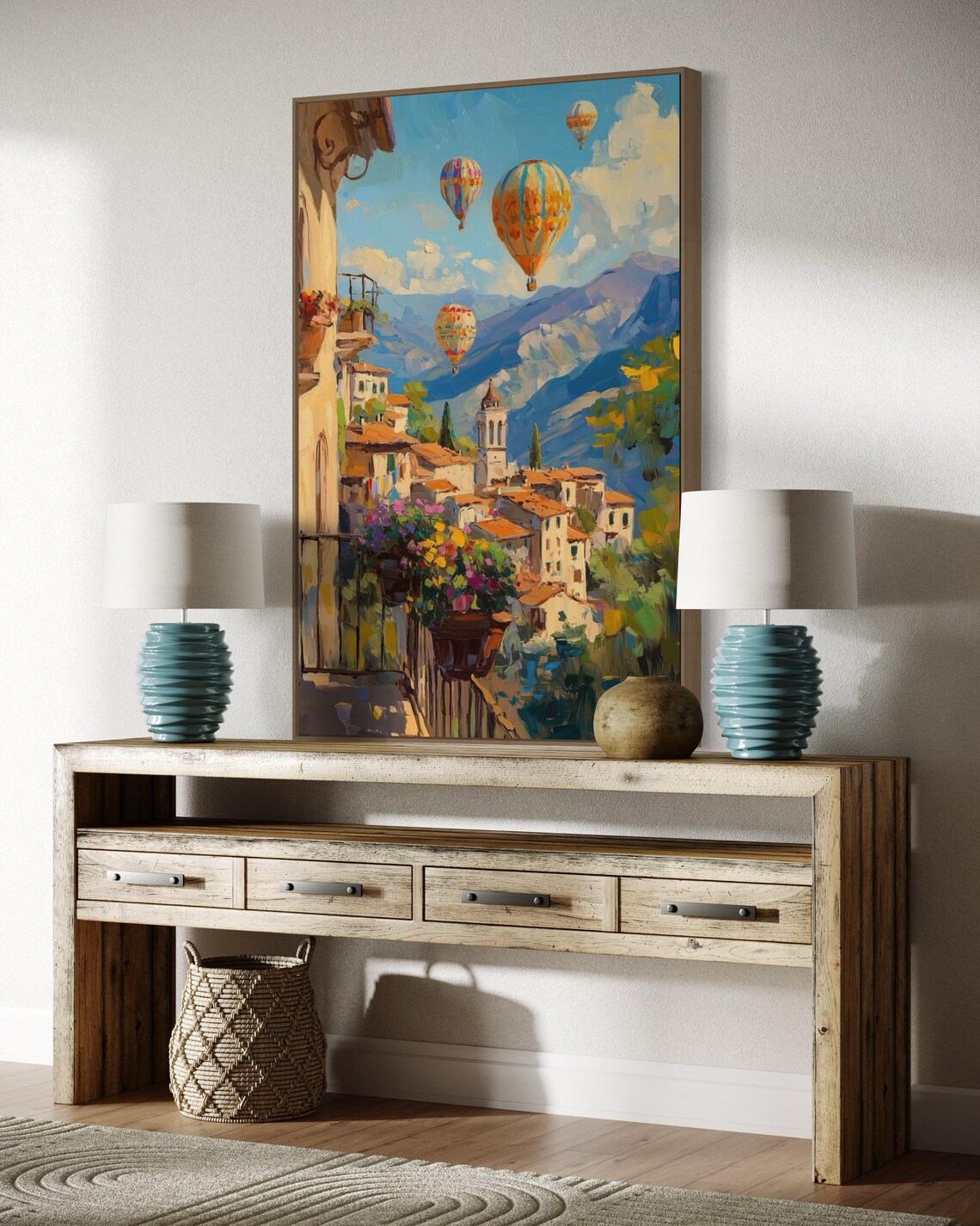 Hot Air Balloons Over Italian Village, Rustic Art Print - Image 3