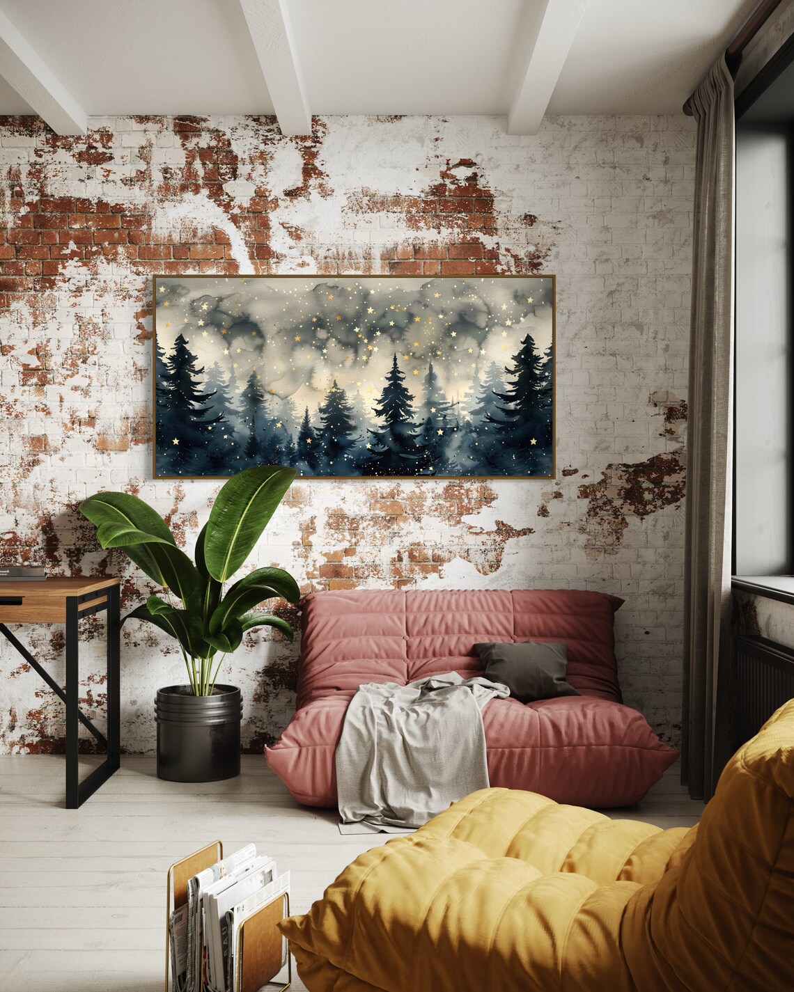 Starry Night In The Foggy Forest Panoramic Pine Tree Art Print Moody Greenery Wall Decor For Above Bed - Image 5