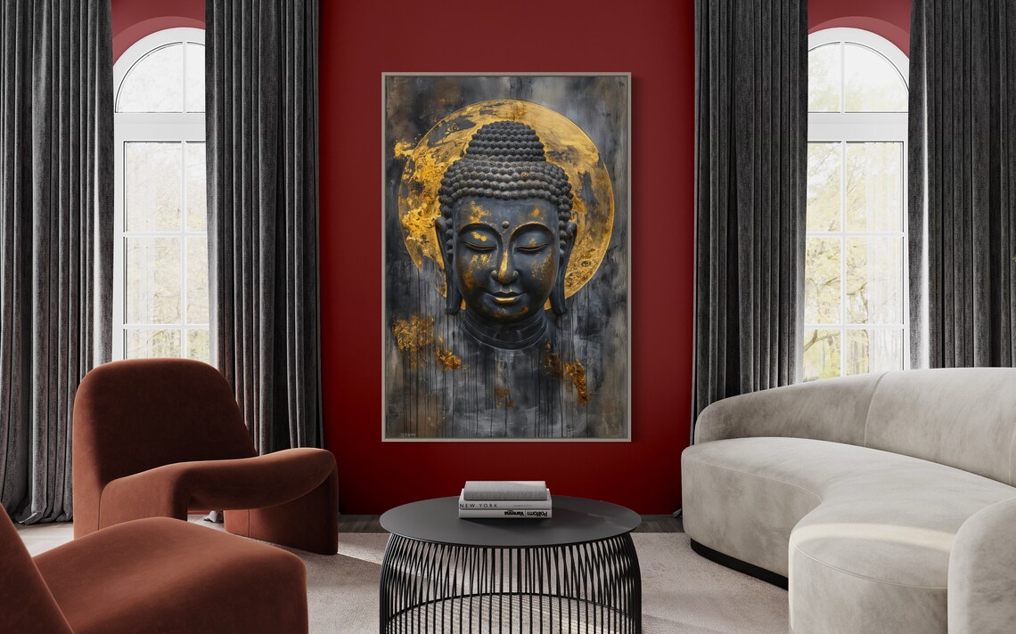 Black Gold Buddha Face Golden Halo Serene Zen Meditation Art Poster - Image 4