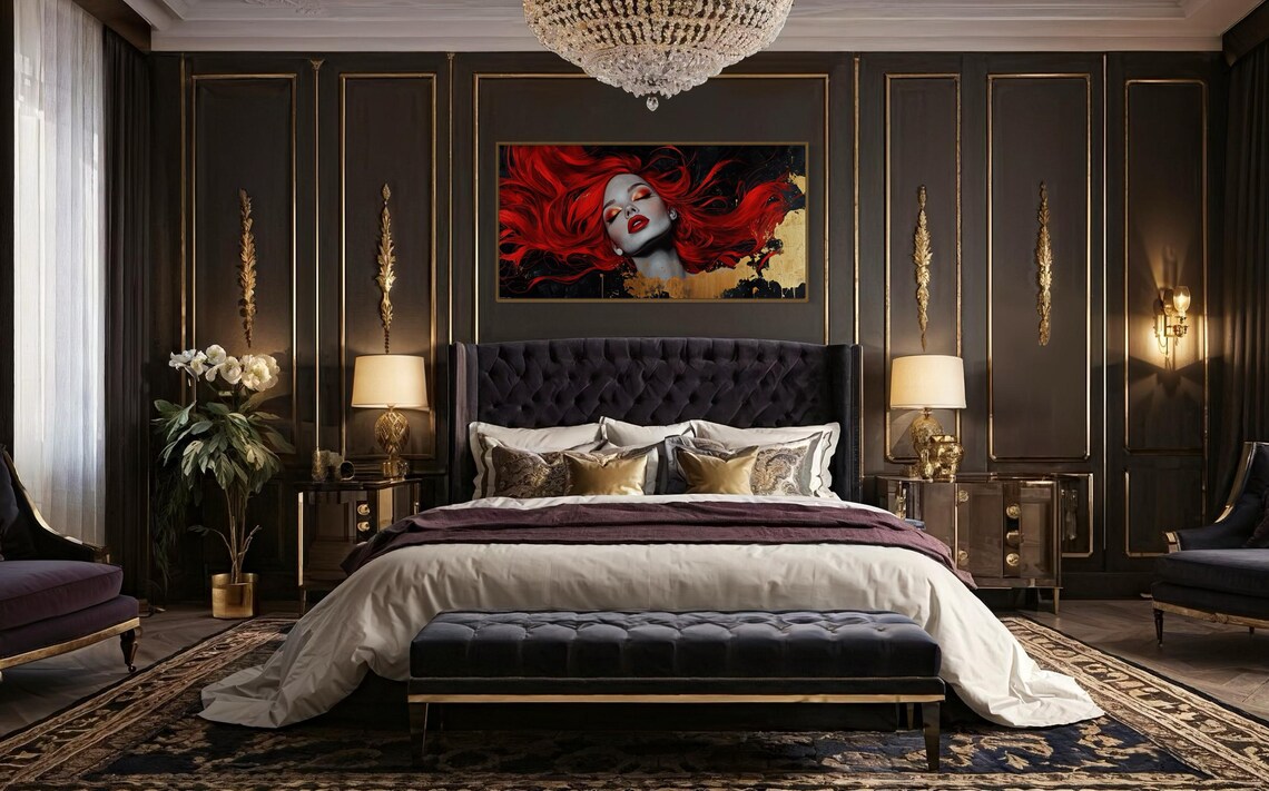 Flowing Red Hair Woman Portrait Gold Black Glamorous Beauty Art Poster - Image 3