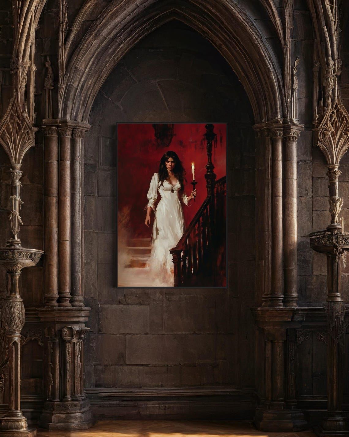 Gothic Candlelit Woman White Dress Red Backdrop Victorian Poster - Image 5