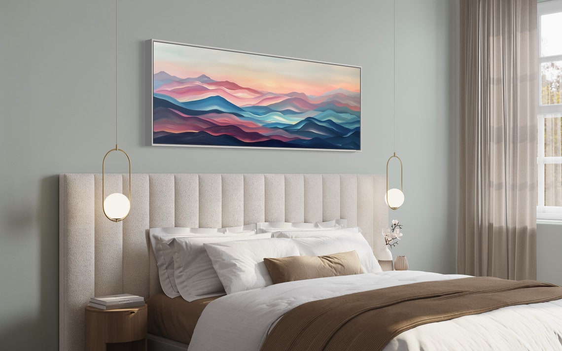 Panoramic Dreamscape Vibrant Wavy Wall Art Atmospheric Mountain Artwork With Pink And Purple Skies For Elegant Above Bed Decor - Image 5