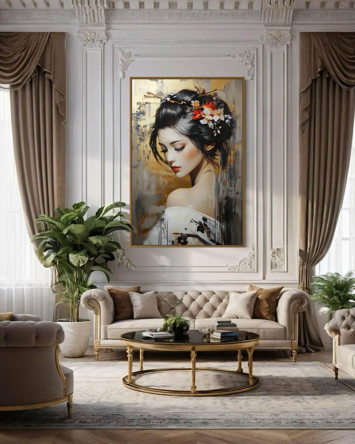Elegant Geisha Portrait Gold Background Japanese Floral Beauty Poster - Image 2