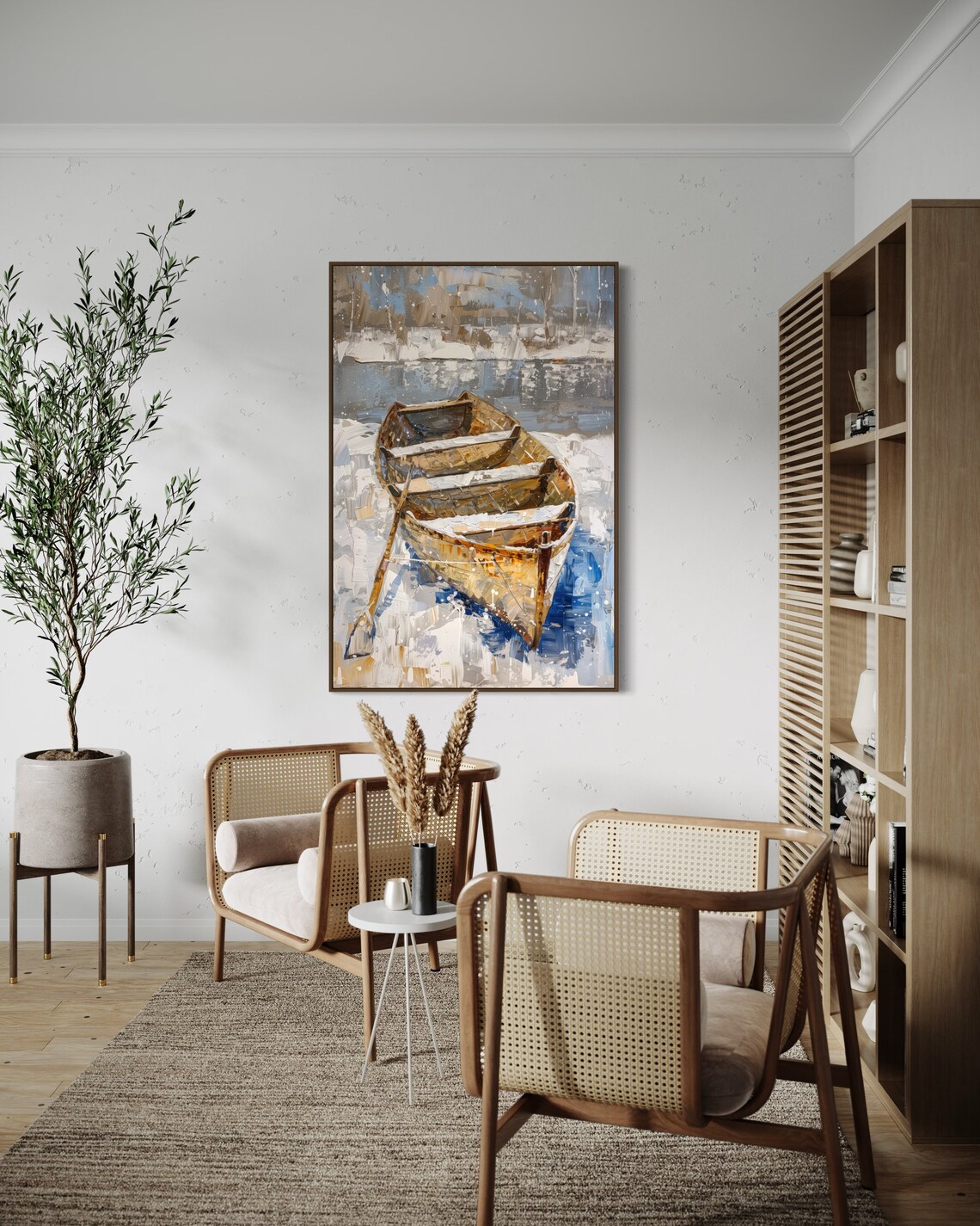 Winter Rowboat Lake House Landscape Art Print - Image 3