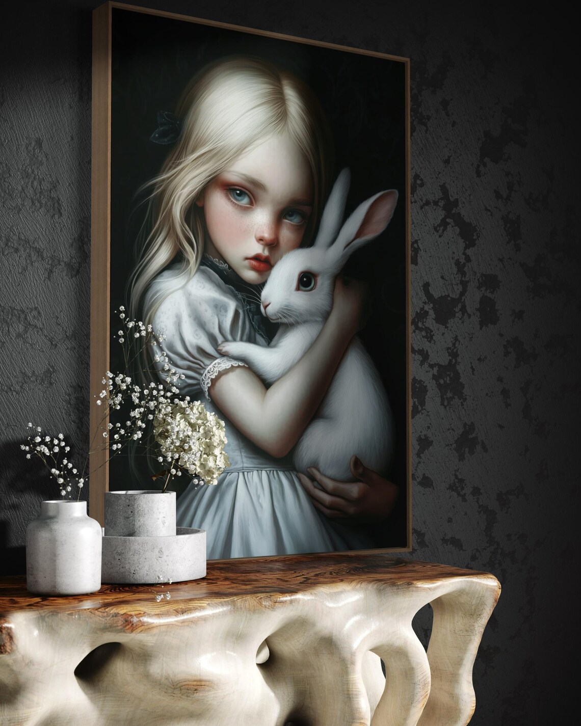 Blonde Girl Hugging White Rabbit Dark Fairytale Portrait Gothic Wall Poster - Image 4