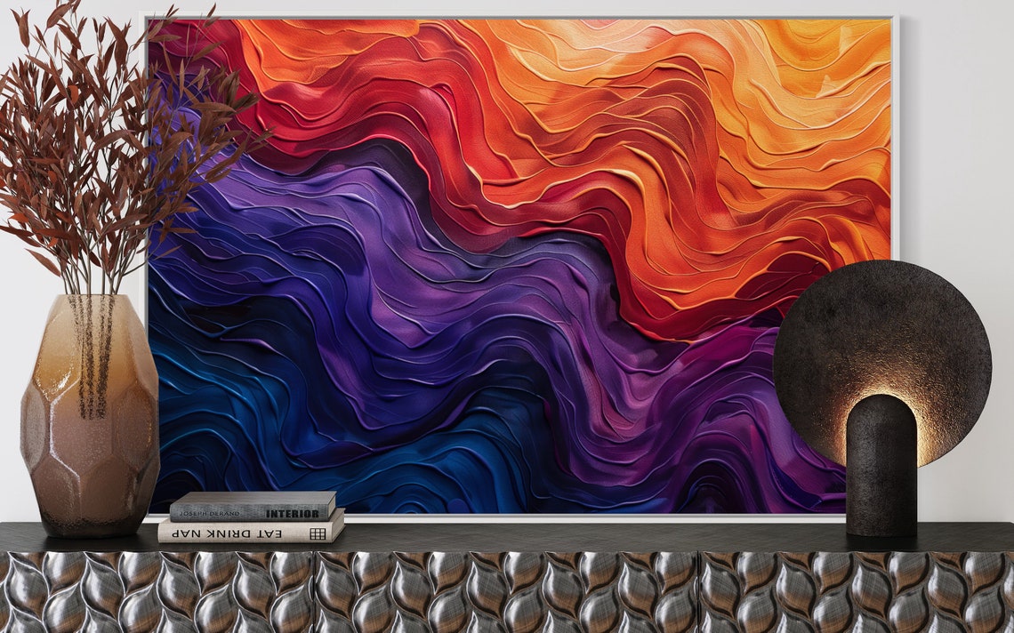 Abstract Wavy Texture Gradient Sunset Purple Orange 3D Wall Art Poster - Image 2