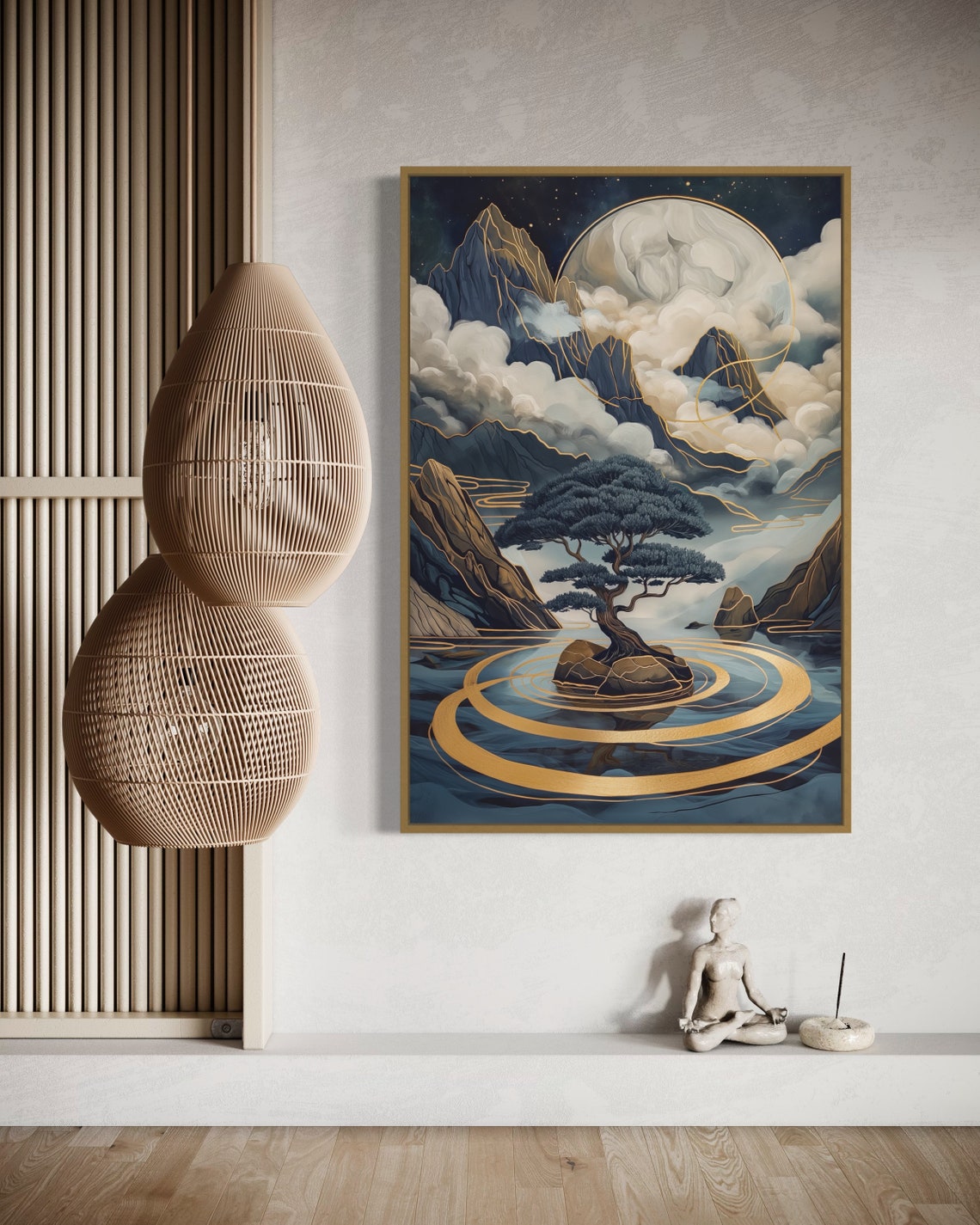 Zen Bonsai Tree Golden Moon Night Mountain Lake Meditation Poster - Image 4