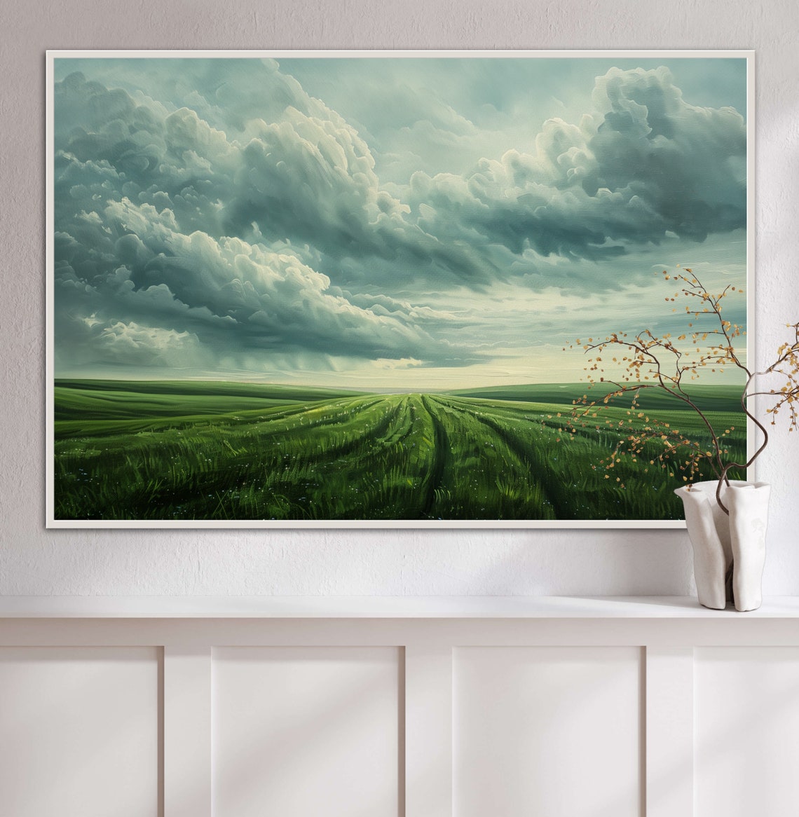 Green Wheat Field Dramatic Cloudy Sky Peaceful Countryside Poster - Image 3