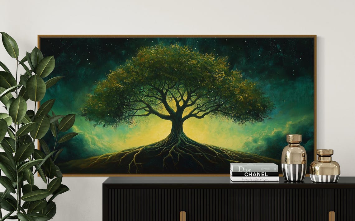 Mystical Tree Of Life Roots Starry Night Celestial Green Poster - Image 3