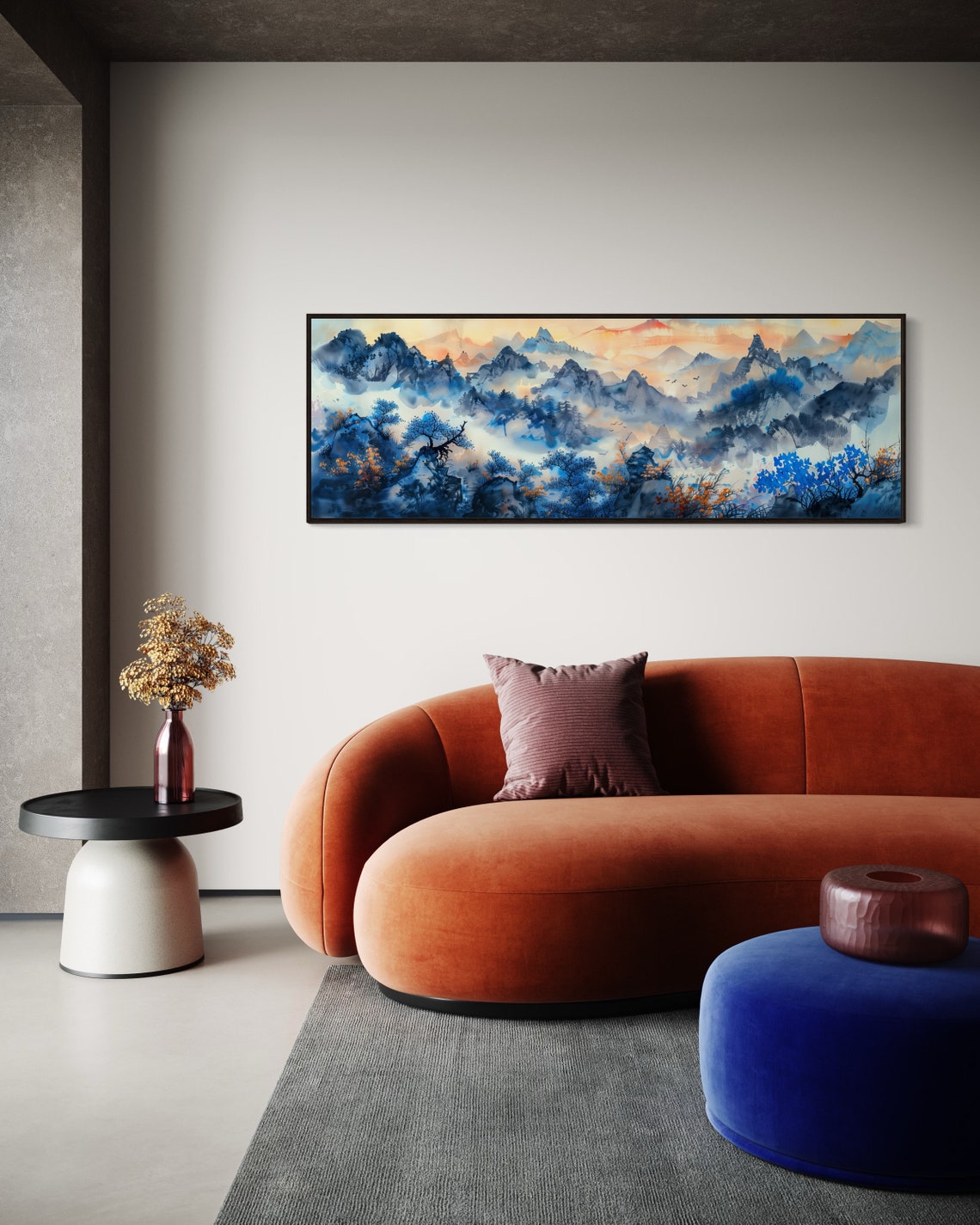Misty Blue Mountain Peaks Sunrise Ink Wash Panoramic Wall Art - Image 4