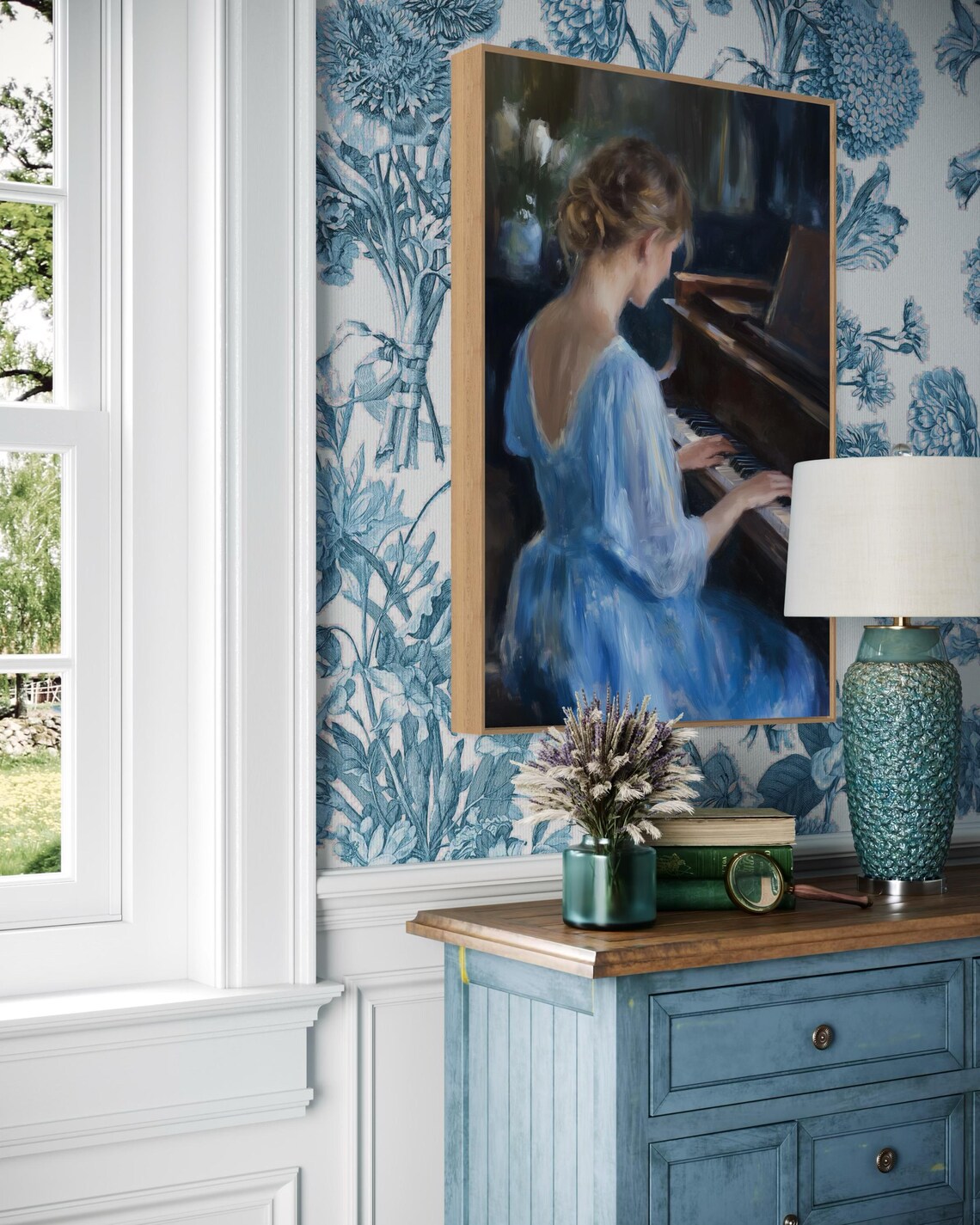 Elegant Woman Playing Grand Piano Flowing Blue Dress Music Poster - Image 4