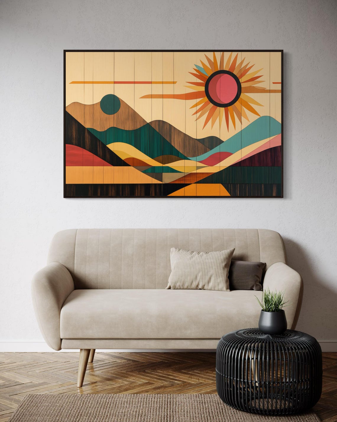 Mid Century Modern Sunburst Desert Mountains Geometric Wall Art Print - Image 3