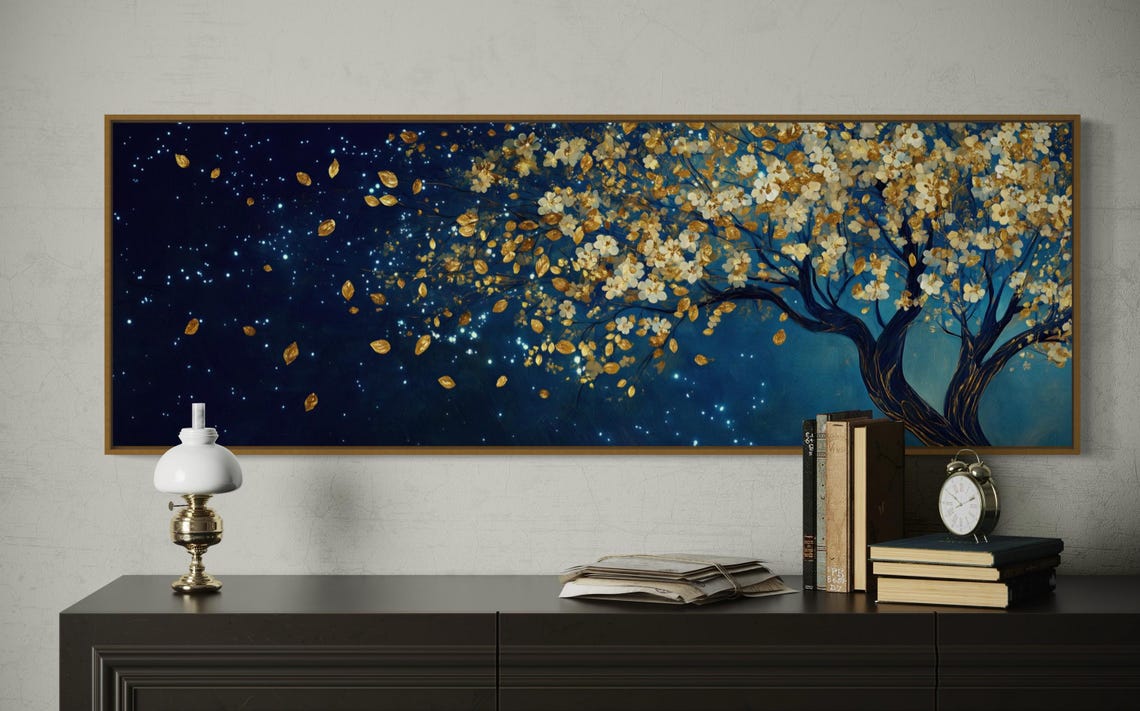 Golden Blossom Tree Starry Night Dark Blue Panoramic Elegant Poster - Image 5