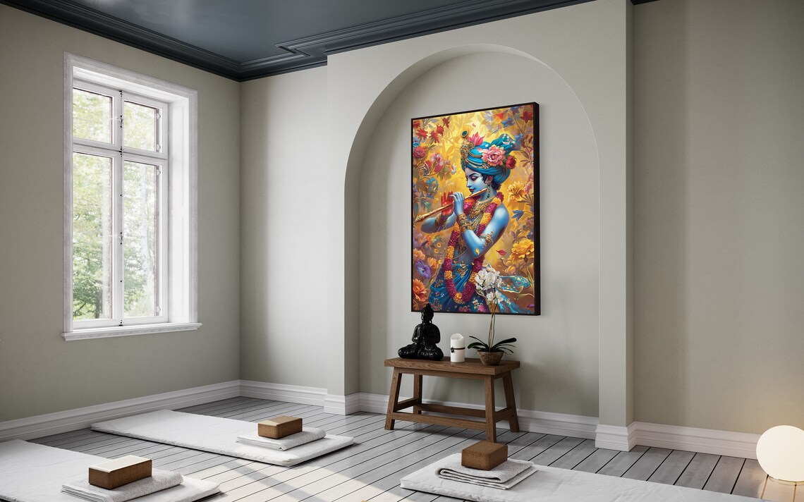 Lord Krishna Playing Flute Divine Blue Floral Spiritual Hindu Art Poster - Image 2