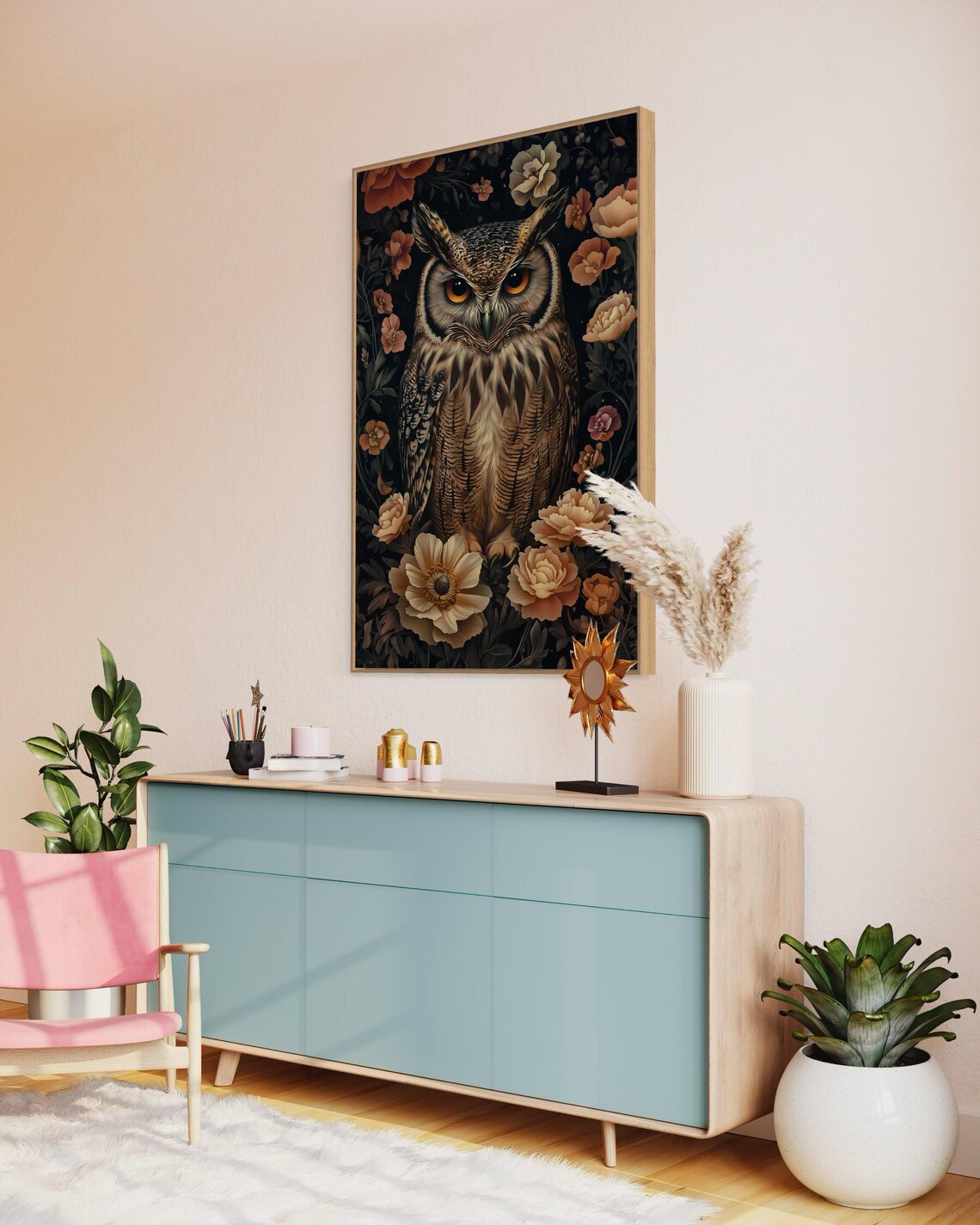 Majestic Great Horned Owl Dark Floral Botanical Wildlife Art Poster - Image 5