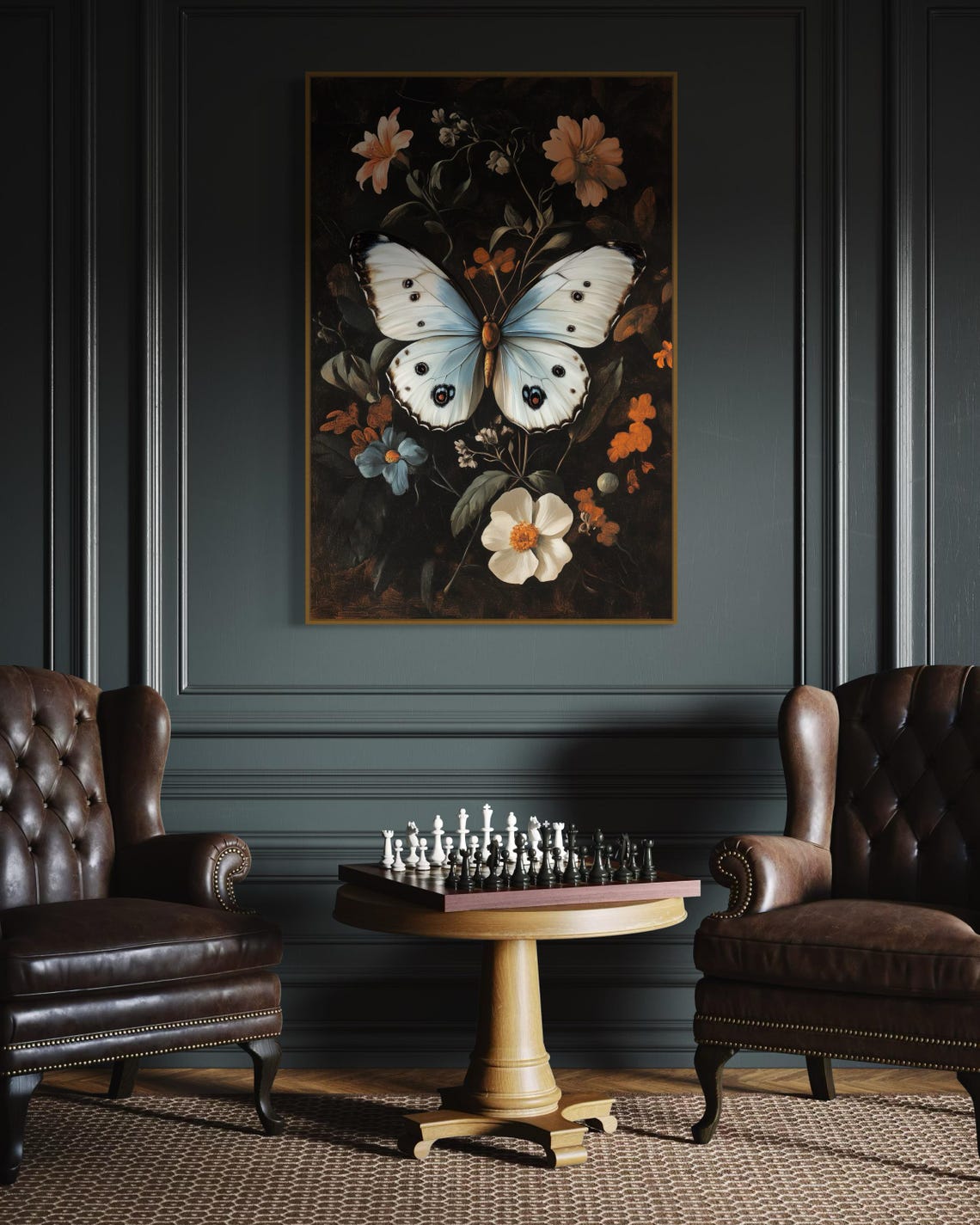 Victorian Butterfly White Wildflowers Moody Dark Botanical Poster - Image 4