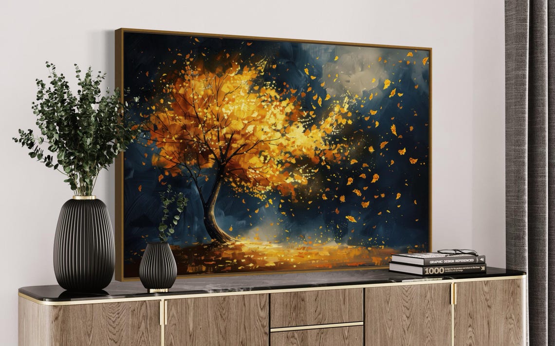 Golden Tree Autumn Leaves Windy Night Dramatic Landscape Art Print - Image 5